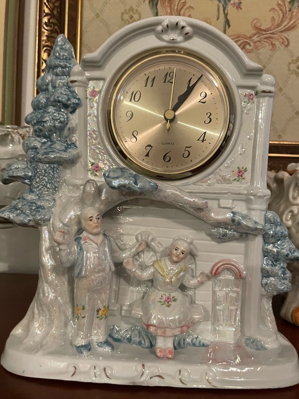 Porcelain Mantel Clock with Pastel Blue and White Figurines